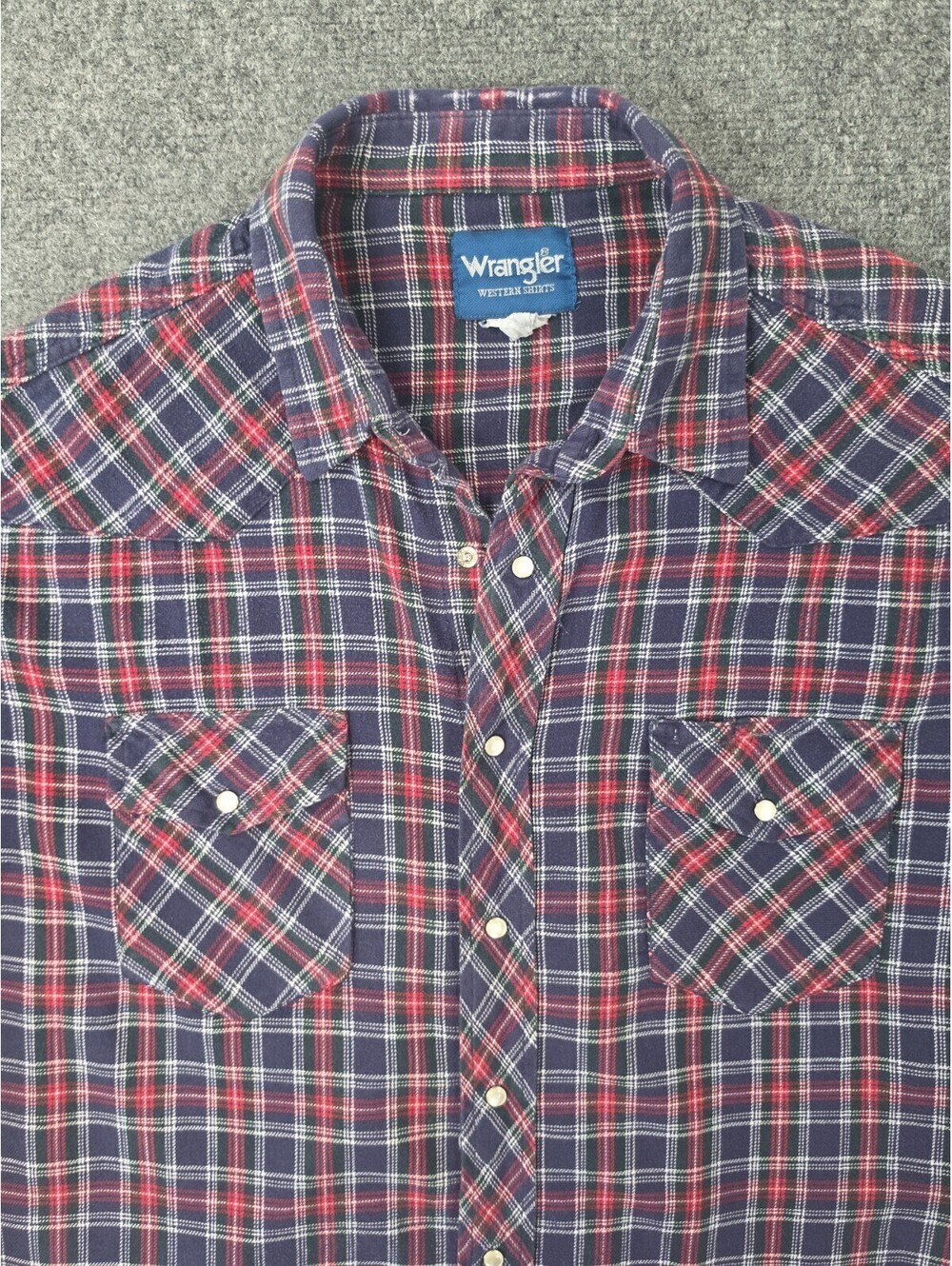 Wrangler Western Shirt Mens XL Flannel Plaid Pearl Snap Cowboy Navy Red
